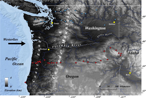 Fig. 1. Location map showing two east–west transects that were sampled across mountain ranges in the Pacific Northwest. The southern transect is at ∼44.6° and crosses Oregon (red circles). The northern transect is at ∼47.8° and crosses Washington (blue circles). Both transects dissect two major mountain ranges, the Coast Range and Cascade Mountains in Oregon and the Olympic and Cascade Mountains in Washington. Moisture is typically brought into the study area by westerlies with significant rainout on the windward (western) flank of the Coast Range, Olympic Mountains, and Cascade Mountains. A substantial rain shadow exists east of the Cascade Mountains. The background digital elevation map (DEM) is from the Shuttle Radar Topography Mission (SRTM).