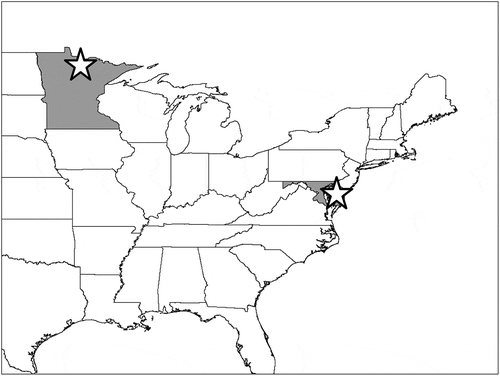 Figure 1. Locations of field sampling locations (open stars) in Minnesota and Maryland (shaded polygons).