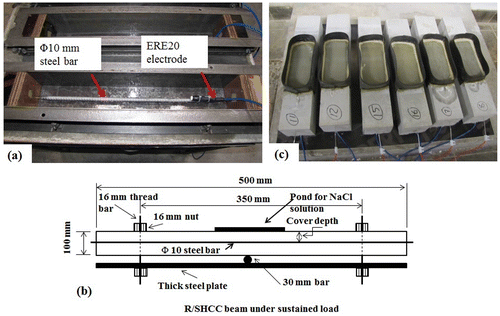 Figure 1. (a) Position of ERE20 reference electrode and (b) specimens under sustained load for corrosion test.