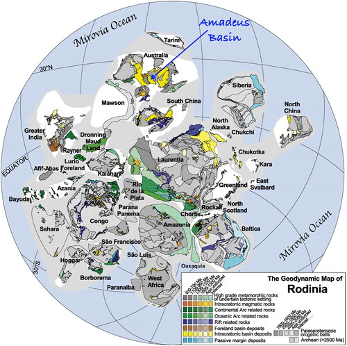 Figure 4. Simplified map of the Rodinia Supercontinent (modified from Li et al., Citation2008). Intracratonic basins in shades of yellow with the Amadeus Basin highlighted. Published with permission from Elsevier.