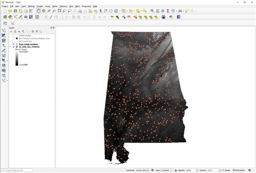 Figure 62. The map result after import of the honey bee colony locations (orange dots).