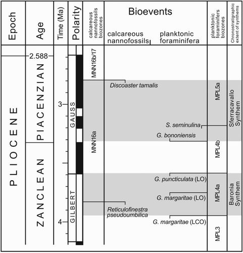 Figure 2. Estimated bio-chronostratigraphic extent of the Baronia and Sferracavallo Synthems of the Ariano Basin. Calcareous plankton bio-magnetostratigraphy derived from the original scheme of CitationCita (1975), CitationRaffi and Rio (1979), CitationRio, Raffi, and Villa, (1990) integrated and chronologically calibrated by various authors (CitationLourens, Hilgen, Laskar, Shackleton, & Wilson, 2004). The Astronomical Tuned Neogene Time Scale (ATNTS) is after CitationLourens et al. (2004).