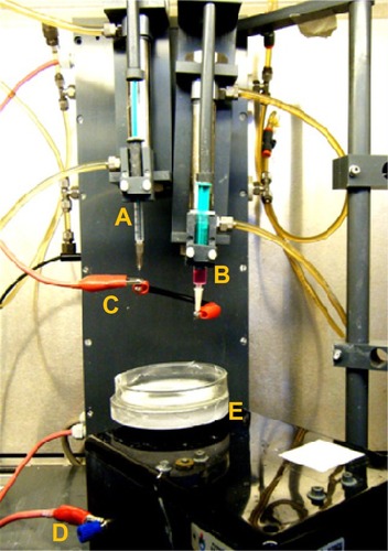 Figure 1 Electrospinning and bioelectrospraying association apparatus.Notes: (A) Polymer solution, (B) cell suspension, (C) positive electrode, (D) negative electrode, and (E) Petri dish on rotating collector plate.