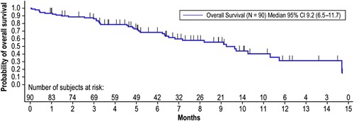 Figure 3. Overall Survival. Overall survival time was calculated from the time of first infusion of blinatumomab until death due to any cause. Patients still alive were censored at the date last known to be alive until the data cutoff date of April 12, 2019. Months are calculated as days from the first treatment to death/censor date, divided by 30.5. CI, confidence interval.