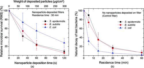 FIG. 6 (a) RMS of the natural-product nanoparticle-deposited filters against test bacterial bioaerosols. (b) Natural decay of test bacterial bioaerosols on the control filter. The error bars indicate standard deviations (n = 5). (Color figure available online).