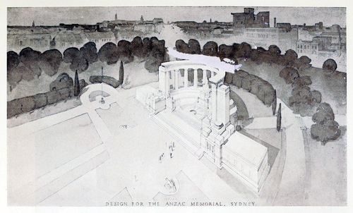 Figure 10. Peter Kaad, competition design for the Anzac Memorial, Sydney, aerial perspective (1929–30), The Home: An Australian Quarterly 11, no. 9 (September 1930): 41. Collection: National Library of Australia.