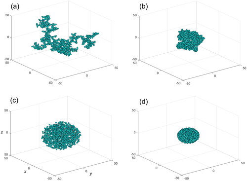 Figure 2. Examples of the geometric arrangement of spherical monomers in the AGGREGATE and SPHPACK models. (a) AGGREGATE with fractal dimension 2.0, (b) AGGREGATE with fractal dimension 2.5, (c) SPHPACK with packing density 0.05, (d) SPHPACK with packing density 0.30. The number of monomers Npp is 1024 in each example. The length unit of each Cartesian coordinate is the monomer radius.