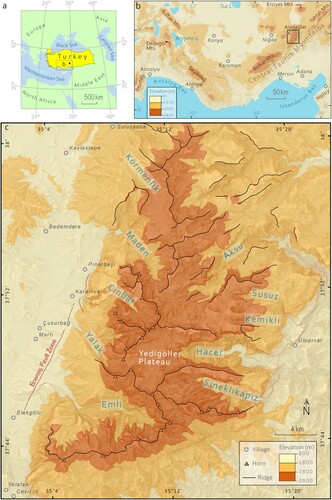 Figure 1. Study area and main topography of the Aladağlar, Turkey. (b) Western and Central Taurus Mountain Range topography derived from a spatial resolution of 1 arc second ASTER GDEM data, particular mountains above 2000m a.s.l. are labelled. The black rectangle in (b) indicates the Main Map (c). Glaciated valleys and main ridges in the Aladağlar and the area covered by Main Map are shown in (c).