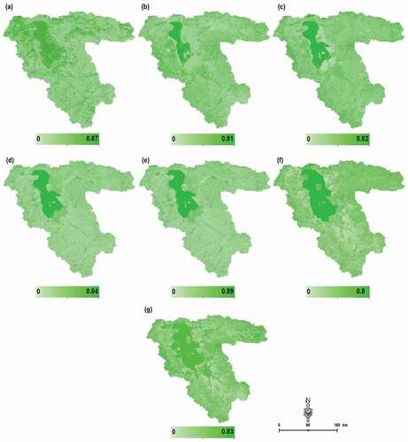 Figure 9. SVM Spatial uncertainty assessment results for LULC maps based on the DST method: a) 2020, b) 2015, c) 2010, d) 2005, e) 2000, f) 1995 and g) 1990