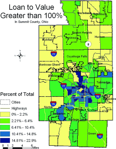 Figure 3 Loan-to-value ratio greater than 100 percent, Summit County, 1999–2001.