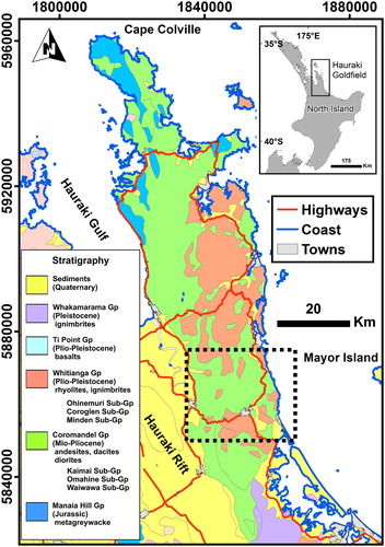 Figure 1. Geological map of the Hauraki Goldfield simplified from Edbrooke et al. (Citation2014). The inset map shows the location of the Hauraki Goldfield on the North Island. The inset stratigraphic column shows the groups and subgroups discussed in the paper. The dashed outline shows the extent of the areas presented in Figure 4.