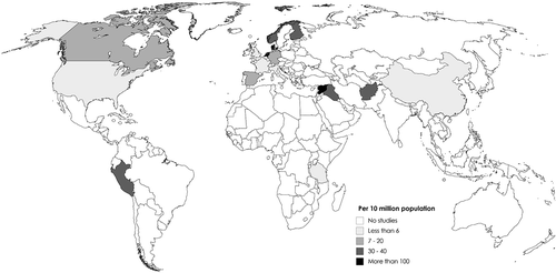 Figure 2. Geographical distribution of studies included in this review. The color intensity indicates the number of participants sampled per 10 million population by countries according to data in the World Data Bank, the United Nations.
