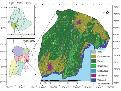 Figure 1. Location of the study area and sampled area where transect line distributed among different habitats in the study area.