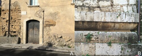 Figure 3. Remnants of Roman buildings in the urban centre of Isernia. (A) detail of the Roman wall circuit made of polygonal travertine blocks (to the left) resting on the Matese-Frosolone Unit dipping towards south (to the right); (B) detail of the podium in travertine of the Republican temple (major temple, III BCE) on which the cathedral has been erected.