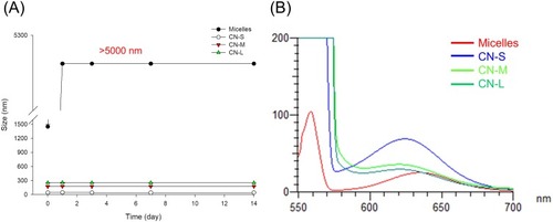 Figure 1 The physicochemical characteristics of micelles and squalene@CPC nanoemulsions: (A) the size change of micelles and nanoemulsions at 50 °C and 75% relative humidity for 14 days; and (B) fluorescence emission of Nile red incorporation in micelles and nanoemulsions for determining molecular environment polarity. The stability data are presented as the mean of four experiments±S.D.