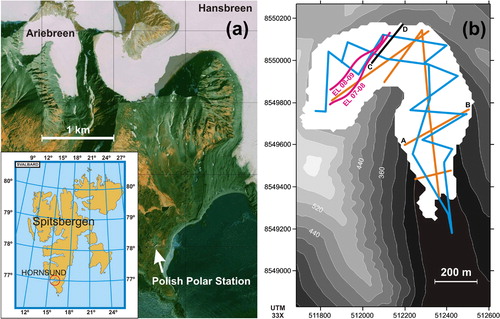 Fig. 1 Location of Ariebreen in the Hornsund region on the island of Spitsbergen, Svalbard. The orthophotograph in (a) corresponds to 1990 (Jania et al. Citation2002; Kolondra Citation2002), while the glacier extent depicted in (b) corresponds to 2007. In (b) the layout of the 200-MHz radar profiles done in August 2006 (orange lines), and the 25-MHz profiles done in April 2007 (blue lines) and April 2009 (black line) are shown. The radar sections corresponding to profiles A–B and C–D are shown in Fig. 5. The equilibrium line (EL) at the end of the balance years 2007–08 and 2008–09 is also shown. The corresponding accumulation area ratios were 0.25 and 0.20.