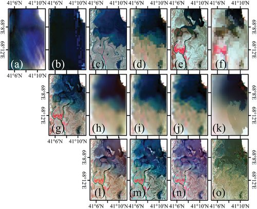Figure 15. Detailed images in the red rectangle marked region in Figure. 5 of Landsat on Apr. 16, 2021 (a), Aug. 6, 2021(c), Sep. 17, 2021 (e), MODIS on Apr. 16, 2021 (b), Aug. 6, 2021(d), Sep. 17, 2021 (f), and two fusions sets: (g) ~ (k) represents the results of ESTARFM, STARFM, FSDAF, RASTFM, and UBDF that calculated from the base image pair on Apr. 16, 2021, respectively; (l) ~ (o) represents the results of STARFM, FSDAF, RASTFM, and UBDF that calculated from the base image pair on Sep. 17, 2021, respectively. The fusion target date is Aug. 6, 2021. All the detailed scatter plots of the three typical samples could be fund in Figures A4~A7.