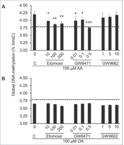 Figure 7. Participation of PPARs and β-oxidation in AA- or OA-induced global DNA methylation changes. THP-1 monocytes were stimulated with 100 μM FA for 24 h following a 1 h pre-stimulation with inhibitors of β-oxidation (etomoxir), PPAR-α (GW6471) or PPAR-γ (GW9662). Data are represented as difference in DNA methylation between AA and AO-stimulated and unstimulated cells. The corresponding inhibitor concentration is indicated (μM). Statistical significance is in comparisons with cells grown in the absence of any inhibitor (C). The horizontal dashed line indicates the baseline (unstimulated cells) level. For statistics symbols and test, see legend of Fig. 1.