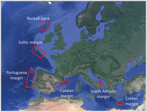 Figure 1. Sampling areas along the European margins. Overall, 246 sites (depth range: 200–4700 m) were sampled along 12 open slopes, nine canyons (Whittard, Cascais, Nazarè, Cap de Creus/Sete, Lacaze-Duthiers, two in the South Adriatic and one in Cretan margin) and one deep-water coral bank.