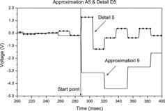 Figure 15. Approximation A5 and detail D5 close to the onset of the transient.