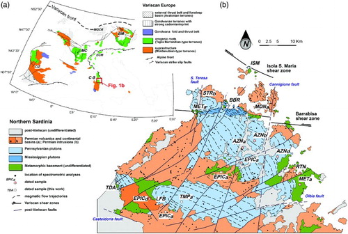 Figure 1. (a) structural scheme of Variscan Europe: CIZ, Central Iberian Zone; MC, French Massif Central; ECM, External Crystalline Massif of the Alps; BM, Bohemian Massif; MGCR, Mid-German Crystalline Ridge; C-S, Corsica-Sardinia Massif. The main late-Variscan shear zones and the Alpine front are also indicated. (b) Tectonic scheme of northern Sardinia.