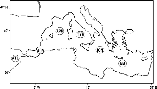 Figure 1. Map of the Mediterranean Sea with locations of the studied provinces: Atlantic (ATL), Alboran (ALB), Algero-Provencal (APR), Tyrrhenian (TYR), Ionian (ION) and Eastern Basin (EB) provinces.