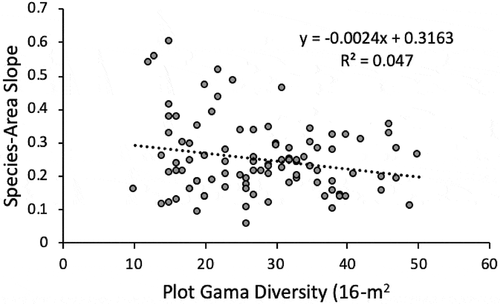 Figure 1. The species–area slope regressed on the plot gamma diversity; the relationship is significant at p < .05