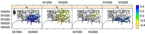 Figure 10. Detected pixels with significant trend based on the univariate Mann–Kendall test, at significance level 0.05, for the time series of monthly estimated relative risk images for antisocial vs. drug-related (a), drug-related vs. shoplifting (b), vehicle-related vs. shoplifting (c), and vehicle-related vs. drug-related (d) in the city of London, UK, in the period of January 2013 to December 2017.