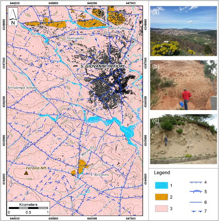 Figure 5. Geo-structural map of the study area: (a) panoramic view of the San Giovanni in Fiore town; (b) Upper Pliocene–Middle Pleistocene clastic deposits; (c) granitoid rocks (Palaeozoic). Notes: (1) alluvial deposits; (2) Upper Pliocene–Middle Pleistocene alternating sands and conglomerates; (3) granitoid rocks with mainly granitoid composition (Palaeozoic); (4) normal fault; (5) left-lateral transcurrent fault reactivated as normal fault; (6) fault with undetermined kinematics; (7) low-angle thrust.