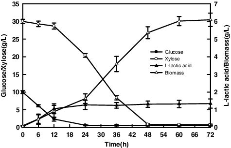 Figure 2. Effects of mixed sugars on cell growth and L-lactic acid formation.