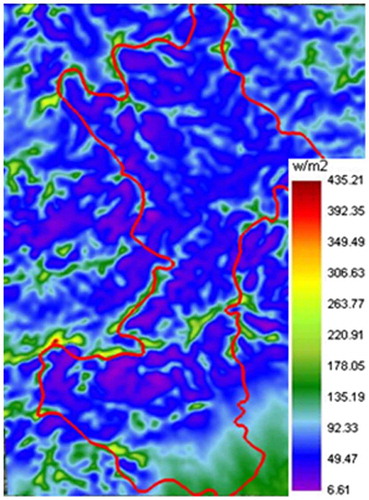 Figure 7. Wind power density contour over Huairou district at the height of 50 m.