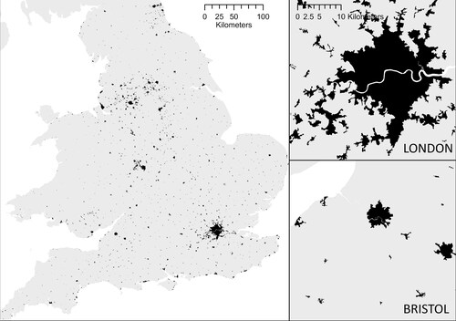 Figure 9. Footprints for England and Wales, and closer view of London and Bristol urban areas.