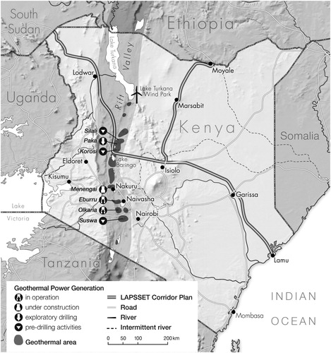 Figure 2. Map of Kenya showing the Lake Turkana Wind Power project (LTWP), geothermal power generation areas and the planned LAPSSET corridor (Authors’ illustration based on Browne Citation2015; Mangi Citation2017; Interview information 2019).