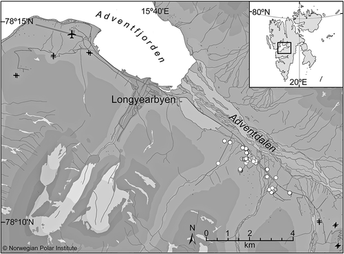 Figure 1. The study area Adventdalen in central Spitsbergen, Svalbard (inset), including the city of Longyearbyen and the airport, where the nearest meteorological data are recorded. Dark grey lines are roads, black crosses are the fixed control sites (two measurement sites per cross) and white dots represent the position of measured feeding craters. Altitude is shown in 250 m intervals. Glaciers are shown in white. Map courtesy of the Norwegian Polar Institute.