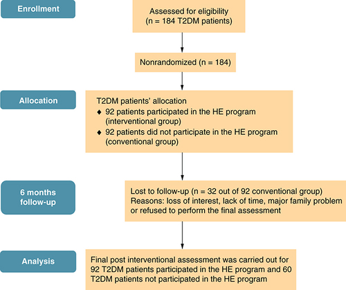 Figure 1. A flowchart of the study implementation.HE: Health education; T2DM: Type 2 diabetes mellitus.