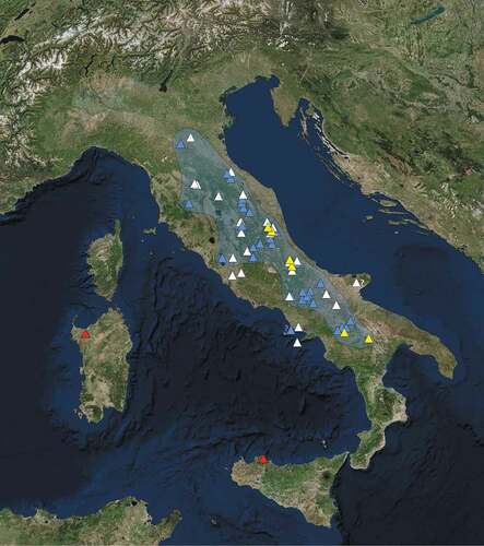 Figure 22. Distribution of Helix straminea in Italy. The updated extent of occurrence (EOO) (bluish area). Historical data before 1980 (white triangles); recent published and new unpublished records (azure triangles). Type localities of the species and synonyms are indicated by yellow triangles. Localities where the species is introduced or accidental (red triangles). ?Doubtful data. (Picture by ESRI satellite, free edition, 2018, modified by S. Viglietti)