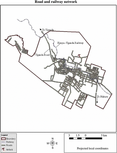 Figure 5. Road and railway network within the Eldoret Municipality. The concentration of the road networks is an indicator of the urban population concentration and general land-use activities.