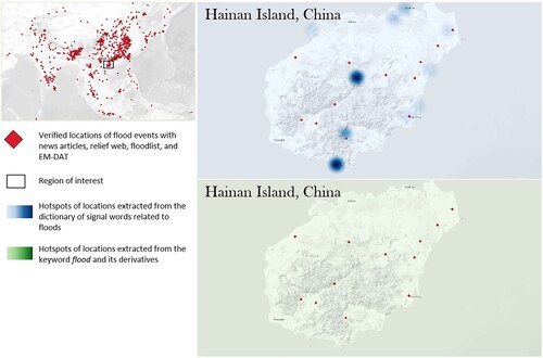 Figure 10. Comparative analysis of the data harvested from the Twitter live stream and groundtruth data, for flood events in the Hainan island of China during 18–24 May, 2022.
