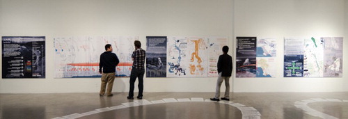 Figure 1. Installation of the Los Angeles Aqueduct Sankey map (center) as part of the After the Aqueduct exhibit at Los Angeles Contemporary Exhibitions, Hollywood, California. Photo by author.