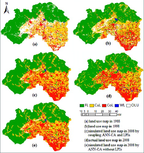 Figure 2. Land use maps. (a), (b) and (d) reprinted from Ecological Modelling, Vol. 233, X. Yang, X.Q. Zheng and L.N. Lv, A spatiotemporal model of land use change based on ant colony optimization, Markov chain and cellular automata, pp. 11-19. Copyright 2012, with permission from Elsevier. To view this figure in colour, please see the online version of the journal.