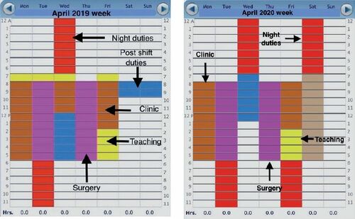 Figure 7. Resident’s work week schedule in April 2019 (left panel) and 2020 (right paenl).