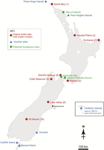 Figure 2. Map of Aotearoa New Zealand showing the islands included, selected original chemotype sites, other herbarium sample collection sites and possible collection sites of the Endeavour botanists.