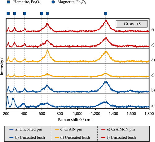 Figure 13. Raman spectroscopy analysis of the tribofilm of the worn chain specimen with grease +S lubrication.