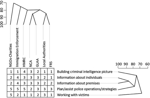 Figure 4. Focus Cluster Analysis Identifying Associations Between both Elements and Constructs. Note: Numbers 60–100 represent the percentage of resemblance between constructs (i.e. types of support) and between elements (i.e. agencies).