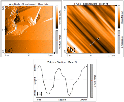 Figure 5. Tapping mode AFM image of rGO produced by thermally exfoliation and chemical reduction through MHM (a and b), and height profile of the image in (c).