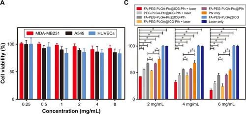 Figure 3 Cytotoxicity, in vitro cellular uptake, and anticancer effect of NPs.Notes: (A) Cytotoxicity against MDA-MB231 cells, A549 cells, and HUVECs after incubation with FA-PEG-PLGA@ICG-Pfh NPs (Ptx-free) for 24 hours. (B) Cellular uptake of different groups; DAPI (blue) marks nuclei and DiI (red) PLGA NPs. (C) Anticancer efficacy of different therapies against MDA-MB231 cells. *P<0.05. Abbreviations: NPs, nanoparticles; HUVECs, human umbilical vein endothelial cells; FA, folic acid; PEG, polyethylene glycol; PLGA, poly(lactide-co-glycolic acid); Ptx, paclitaxel; ICG, indocyanine green; Pfh, perfluorohexane.