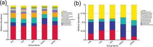 Figure 5. Relative abundances of the top 10 microbial phylum levels in five different soil treatments. FH1, FH2, FH3, FHCK1, and FHCK2 represent the rhizosphere soil from the one-year cultured, two-year consecutively monocultured, three-year consecutively monocultured, control with no Atractylodes lancea cultivation, and one year after the harvest of the rhizosphere soil plots, respectively. a – Bacteria; b – Fungi