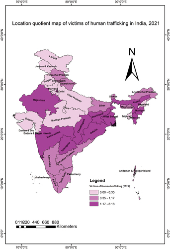 Figure 3. Degree of concentration of human trafficking victims in states of India (2016–2021).