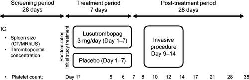 Figure 1. Timing of acquisition of selected parameters in the phase 3 study design. IC, informed consent; CT, computed tomography; MRI, magnetic resonance imaging; US, ultrasonography. †Red blood cell count and white blood cell count