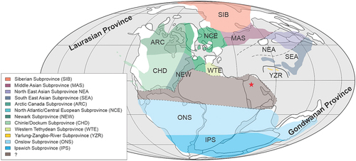 Figure 8. Palaeogeographic map showing the floral zonation of the Late Triassic and the position of the sampling locality (red star); redrawn and modified from Kustatscher et al. (Citation2018)